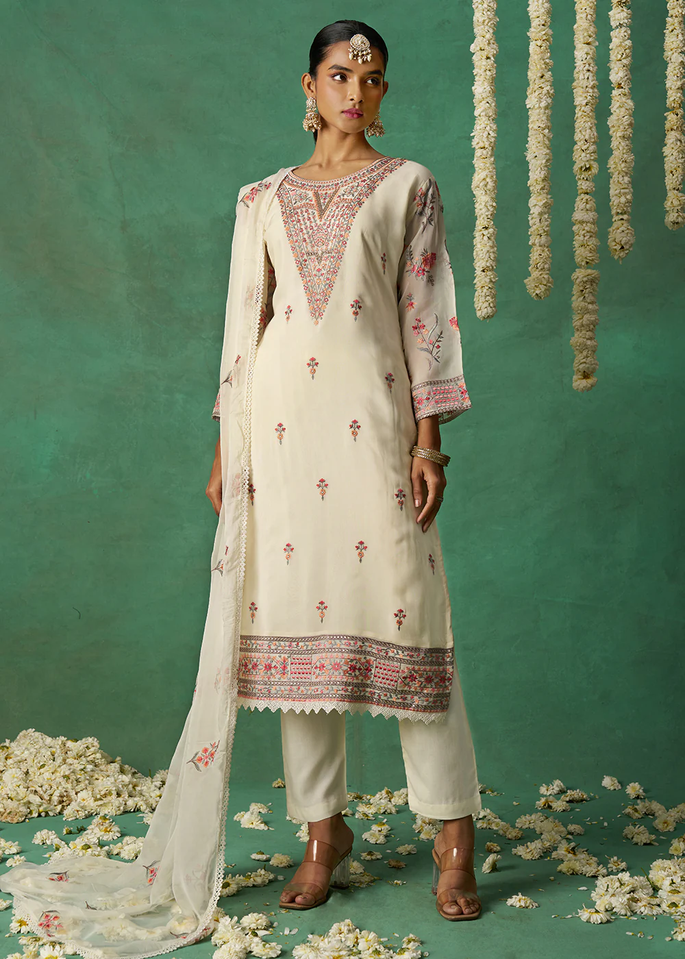 Pure Organza Off White Finest Embroidered Pant Style Salwer Suit - Image 4