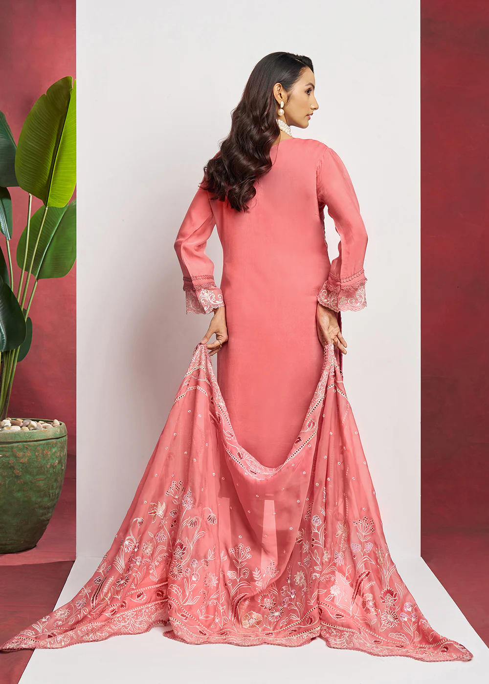 Pure Organza Peach Embroidered Eid Festive Salwar Suit - Image 3