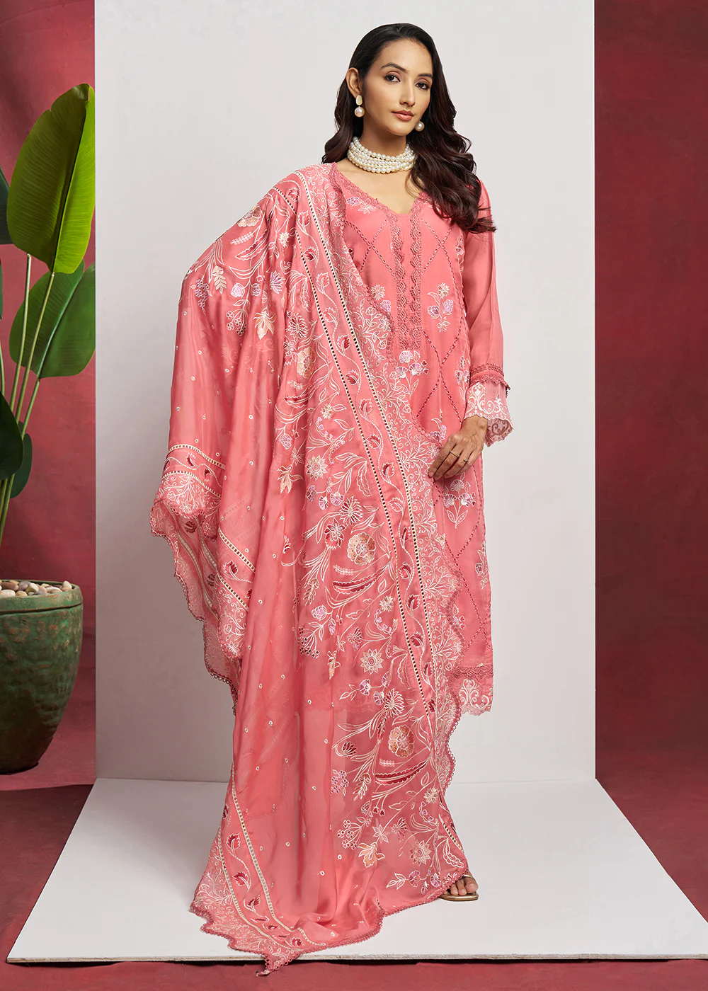 Pure Organza Peach Embroidered Eid Festive Salwar Suit - Image 4