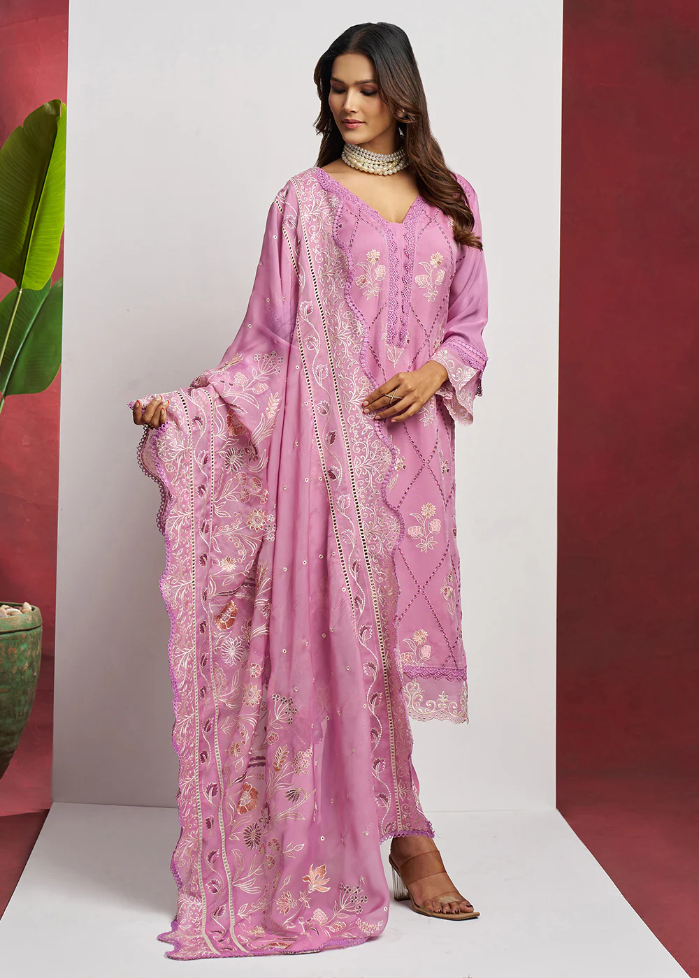 Pure Organza Pink Embroidered Eid Festive Salwar Suit - Image 5