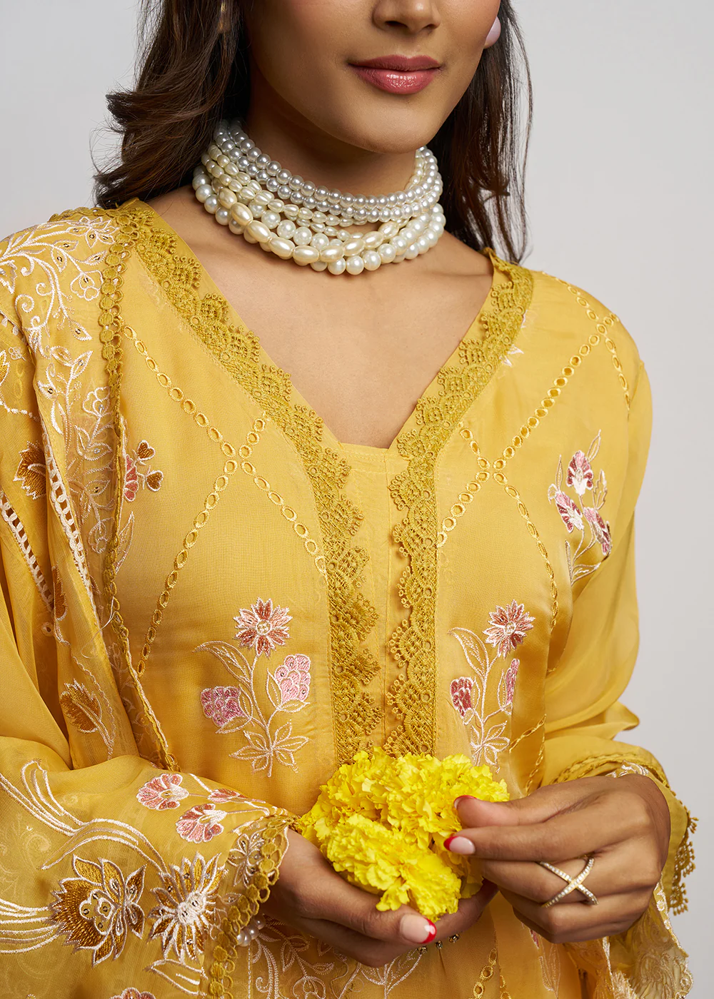 Pure Organza Yellow Embroidered Eid Festive Salwar Suit - Image 4