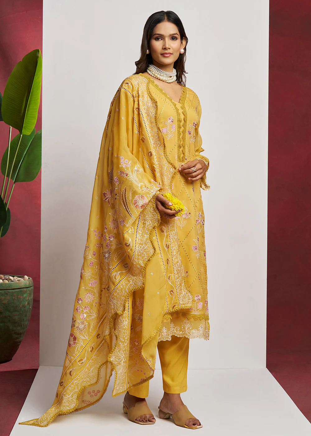 Pure Organza Yellow Embroidered Eid Festive Salwar Suit - Image 6