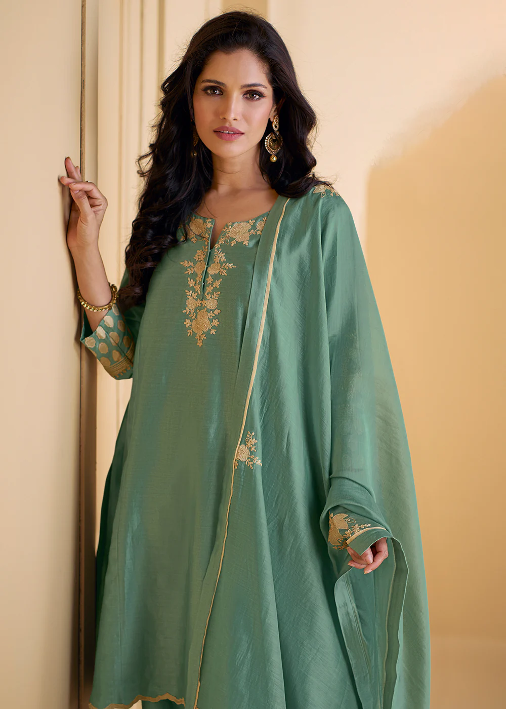 Pure Real Silk Green Embroidered Festive Pant Style Suit - Image 2
