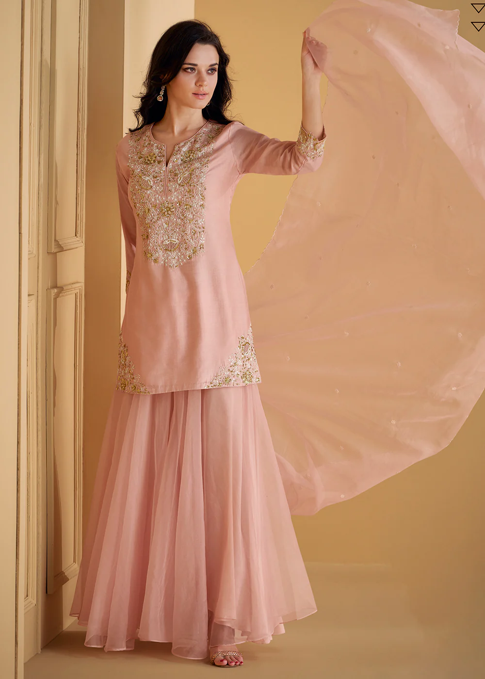 Pure Real Silk Pink Embroidered Festive Sharara Style Suit - Image 3