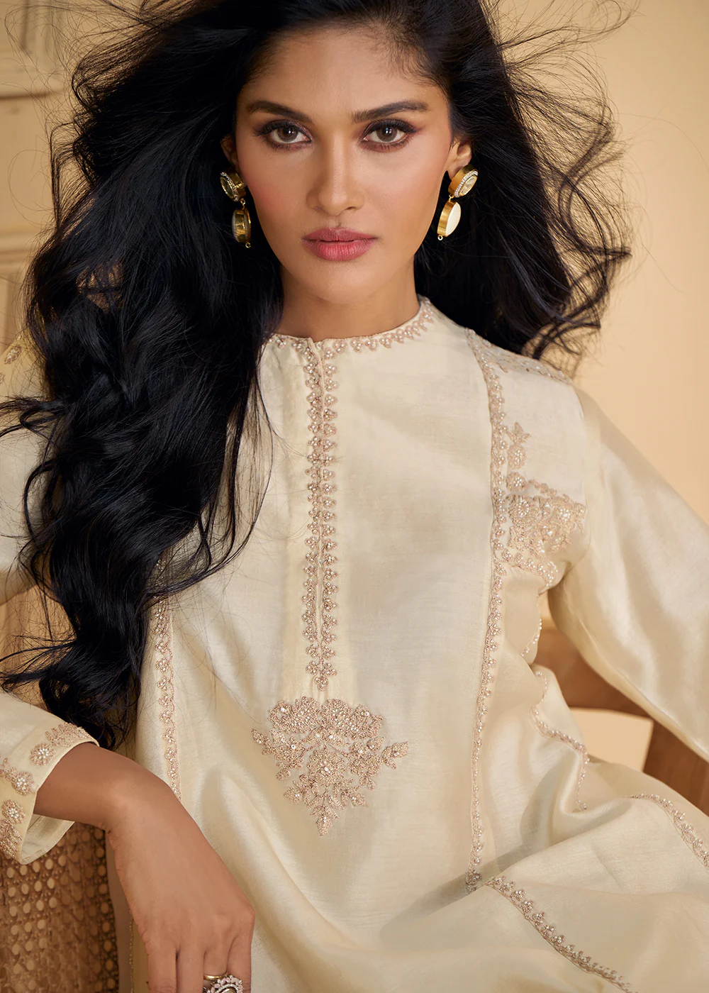 Pure Real Silk White Embroidered Festive Palazzo Style Suit - Image 2