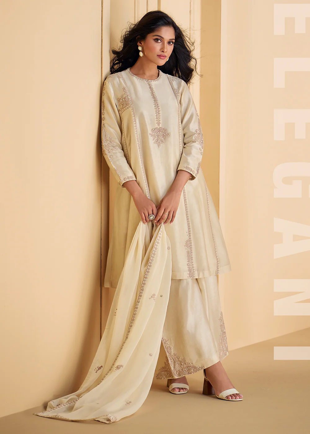 Pure Real Silk White Embroidered Festive Palazzo Style Suit - Image 3