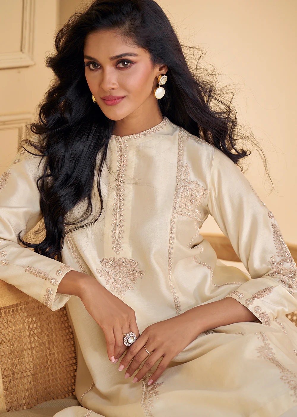 Pure Real Silk White Embroidered Festive Palazzo Style Suit - Image 4