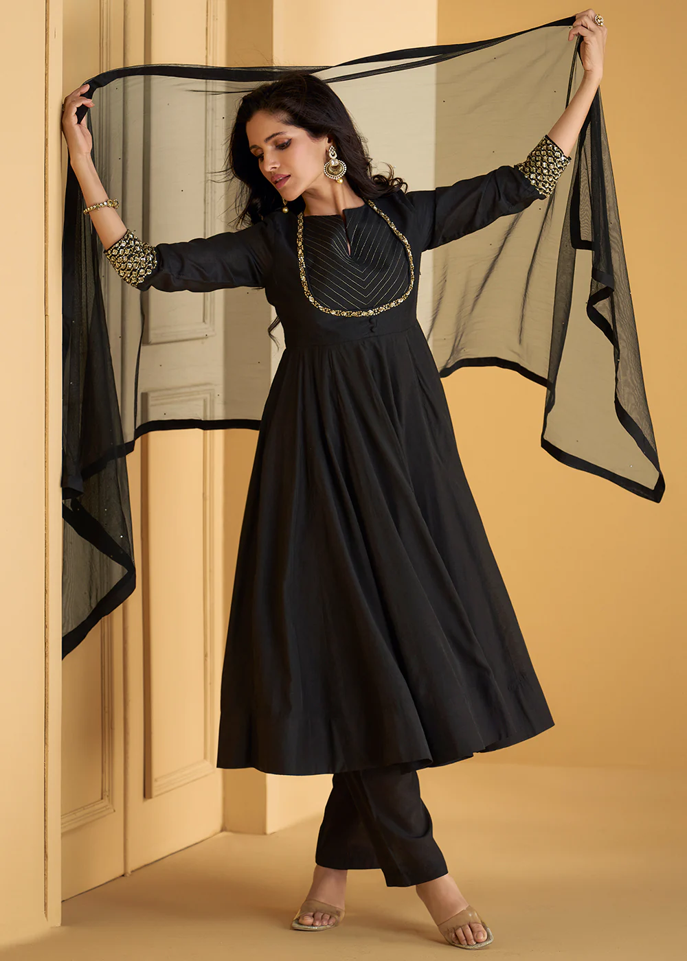 Pure Silk Black Embroidered Anarkali Style Pant Salwar Suit