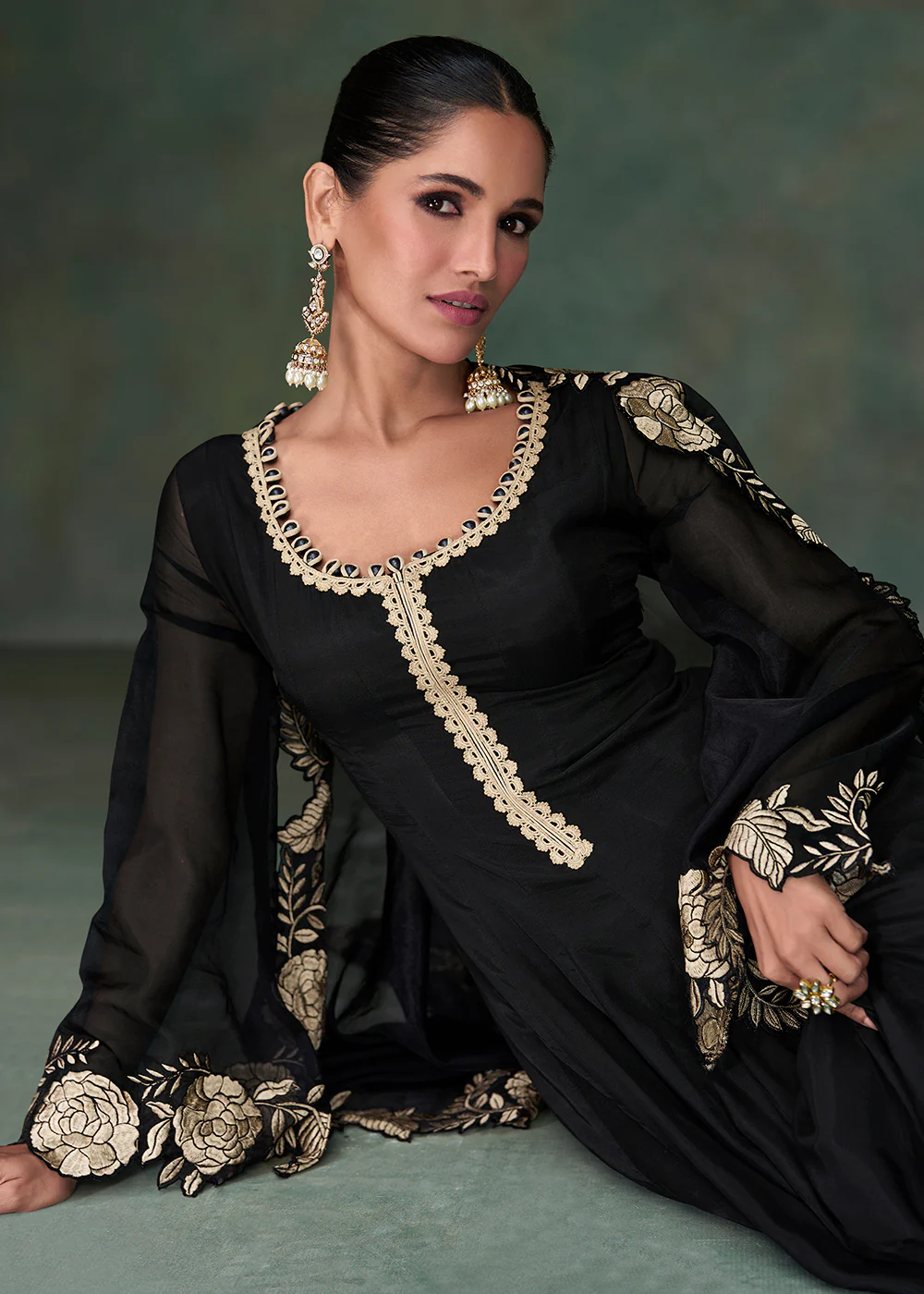 Pure Silk Black Embroidered Reception Wear Indian Gown - Image 2