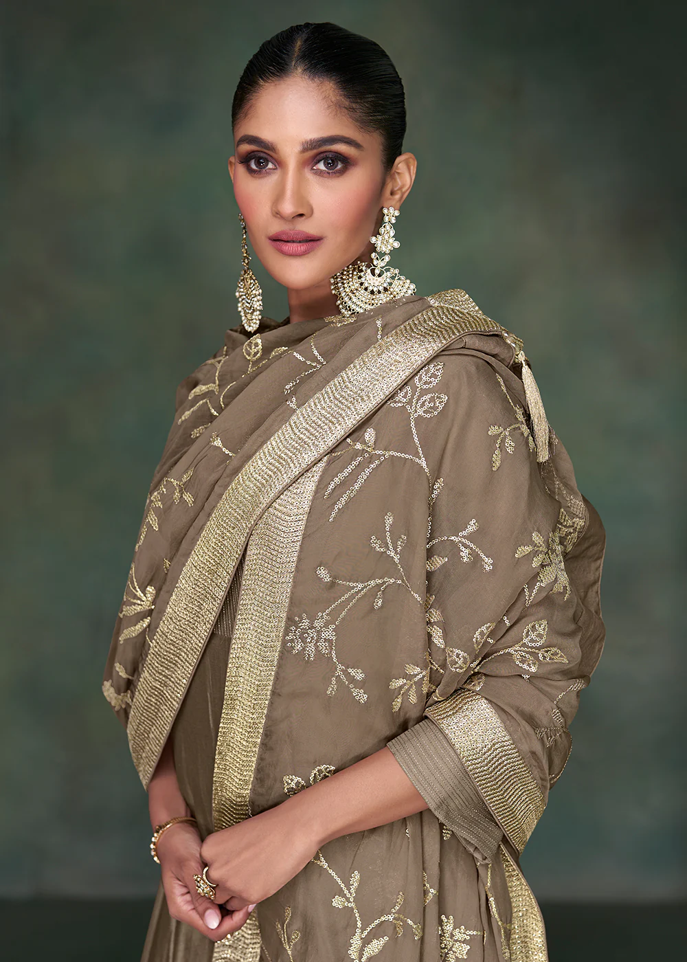 Pure Silk Brown Embroidered Reception Wear Palazzo Suit - Image 2