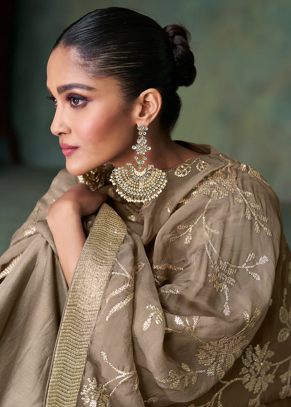 Pure Silk Brown Embroidered Reception Wear Palazzo Suit - Image 5