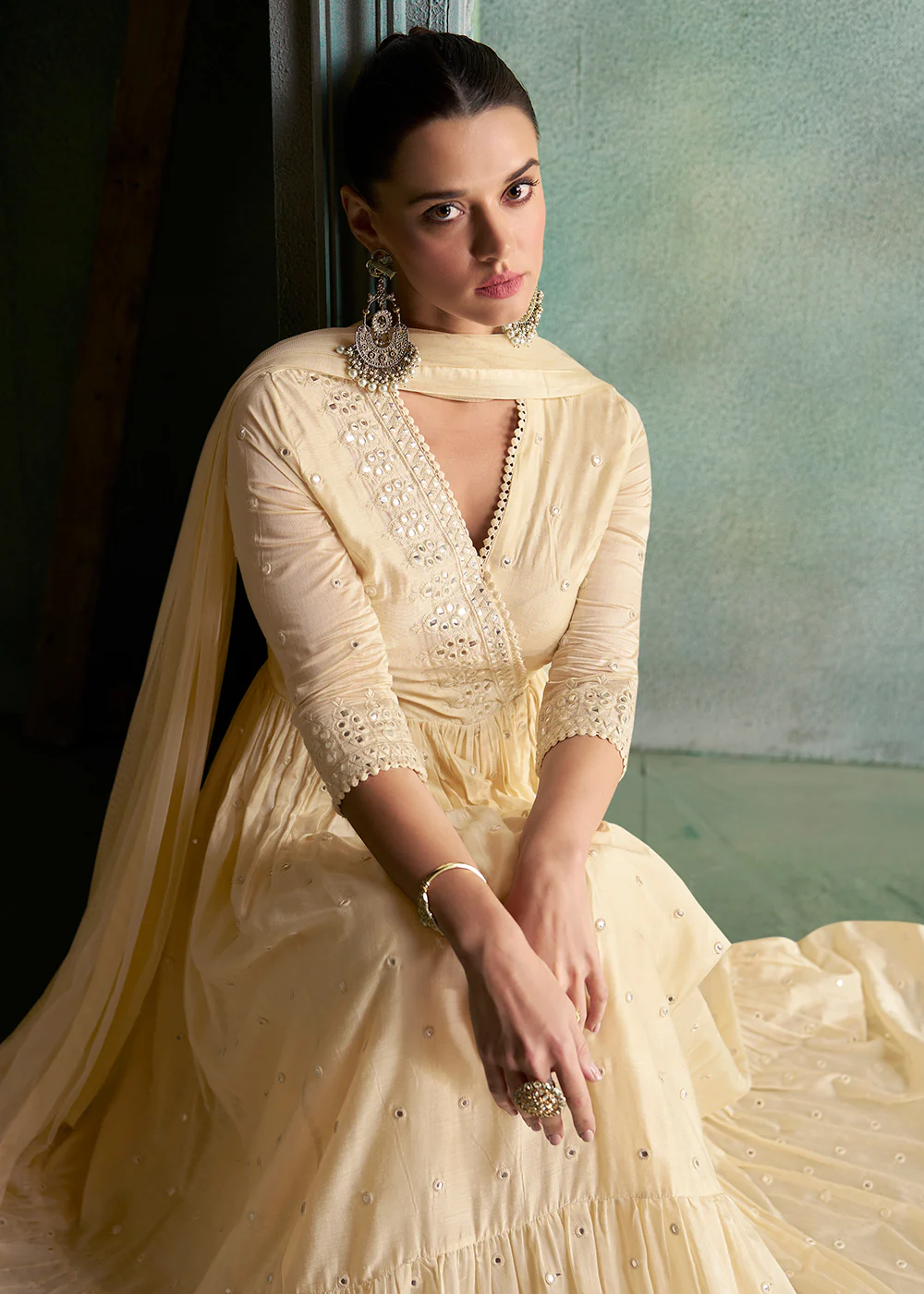 Pure Silk Cream Embroidered Reception Wear Indian Gown - Image 2