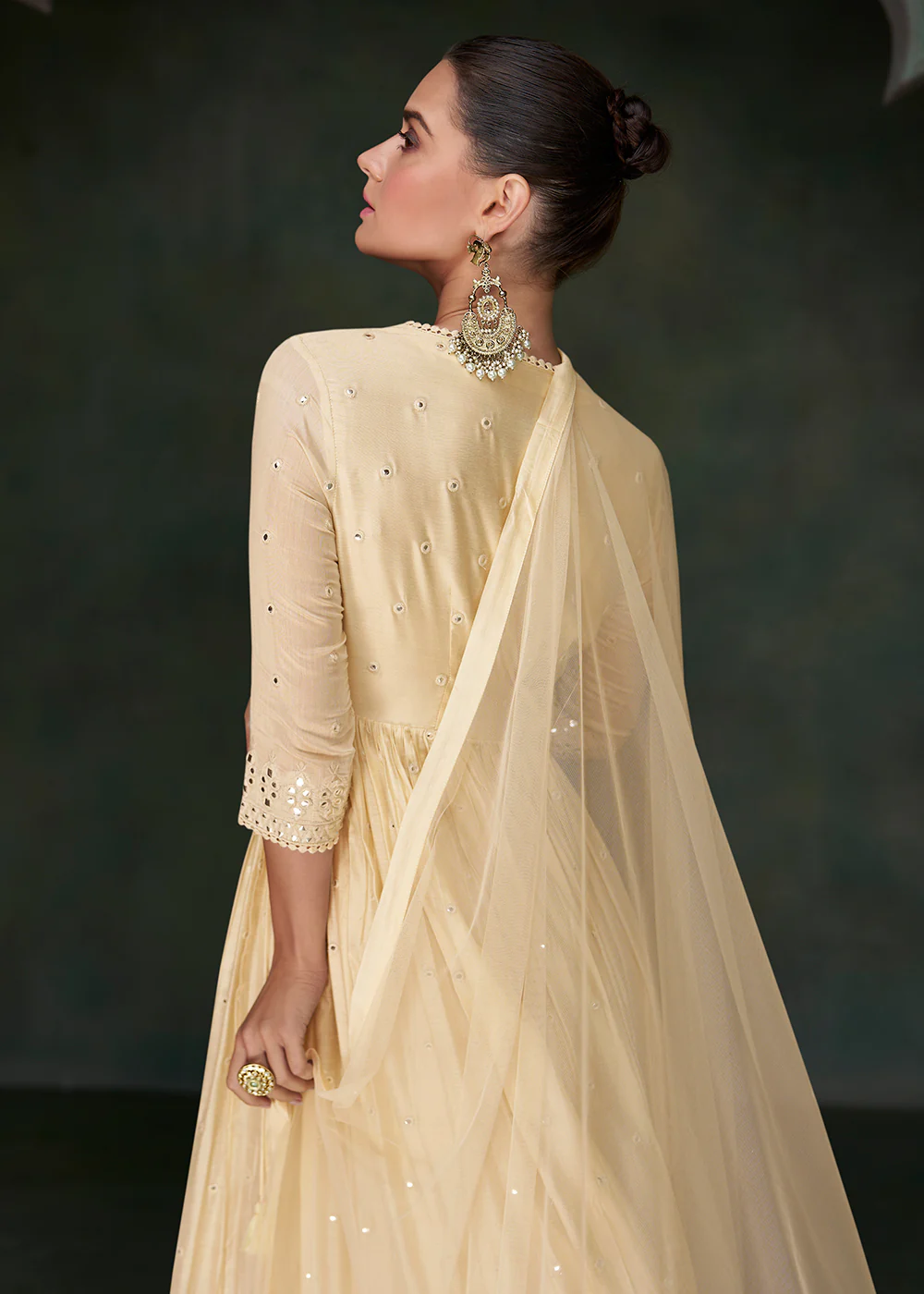 Pure Silk Cream Embroidered Reception Wear Indian Gown - Image 3