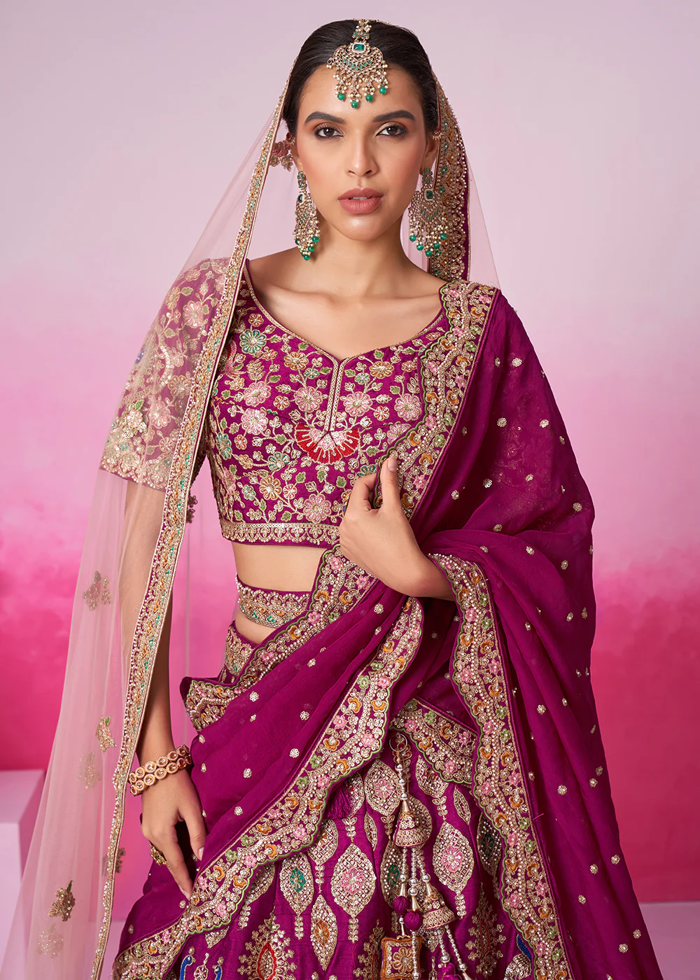 Pure Silk Embroidered Burgundy Designer Bridal Lehenga Choli - Image 2