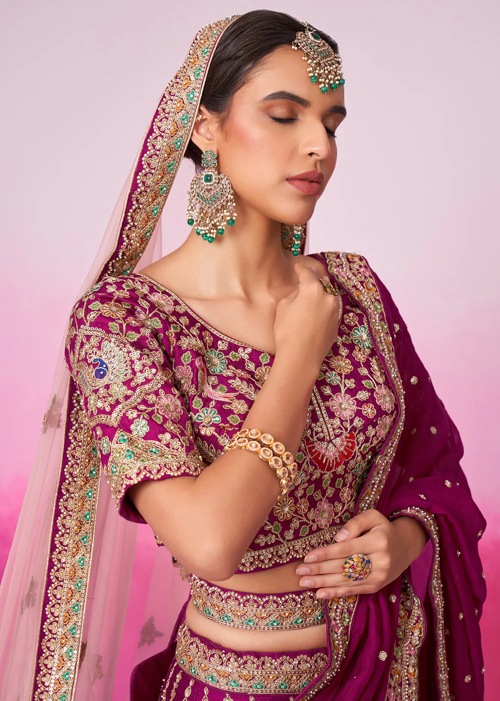 Pure Silk Embroidered Burgundy Designer Bridal Lehenga Choli - Image 4