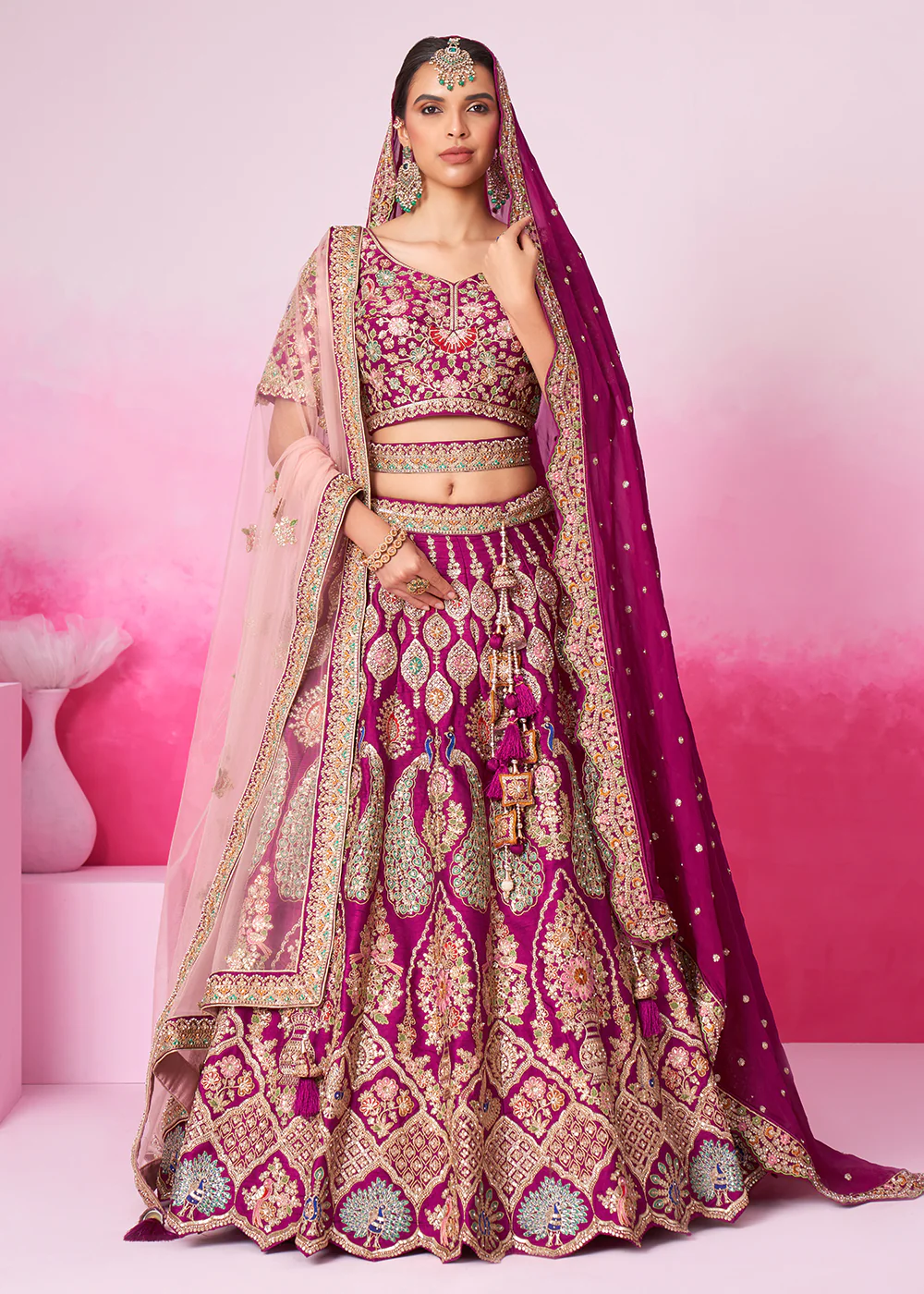 Pure Silk Embroidered Burgundy Designer Bridal Lehenga Choli - Image 6