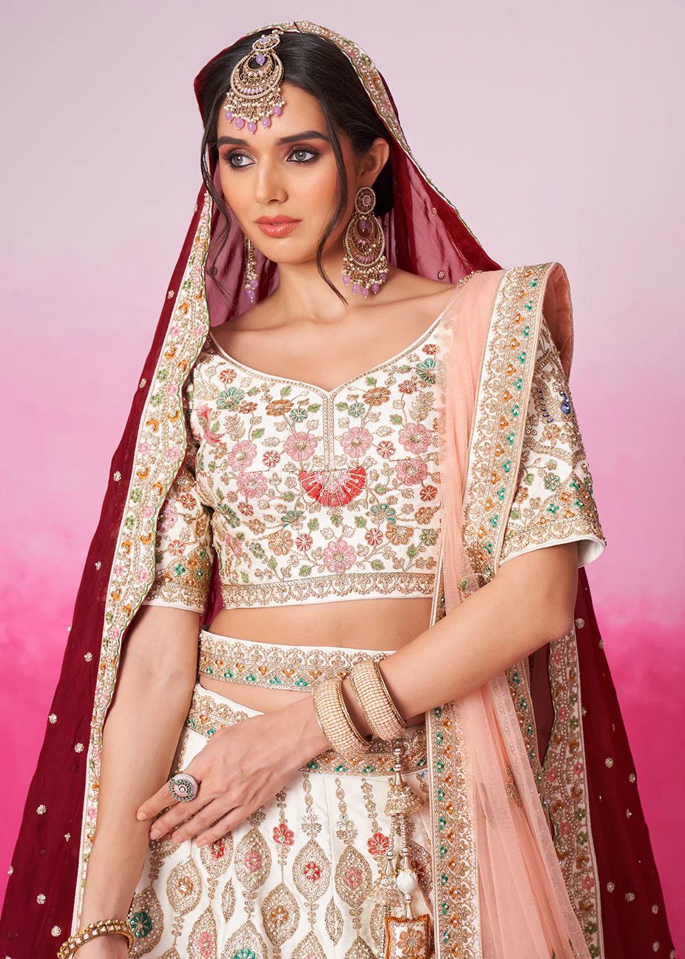 Pure Silk Embroidered Cream Designer Bridal Lehenga Choli - Image 2