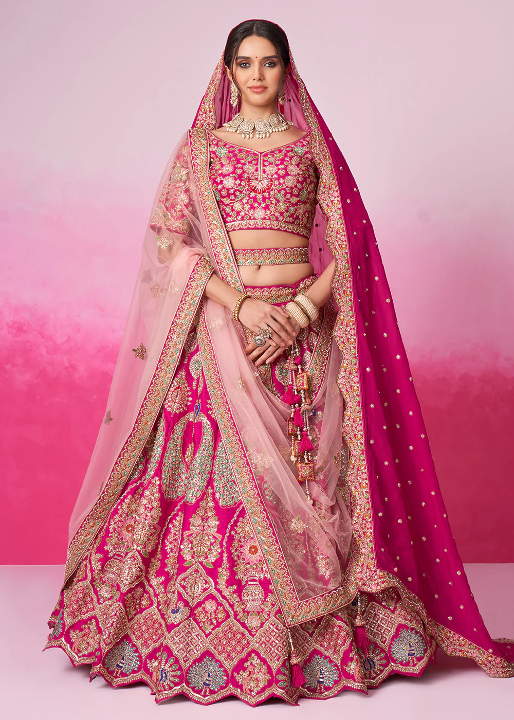 Pure Silk Embroidered Pink Designer Bridal Lehenga Choli - Image 4