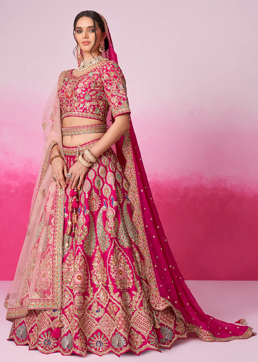 Pure Silk Embroidered Pink Designer Bridal Lehenga Choli - Image 5