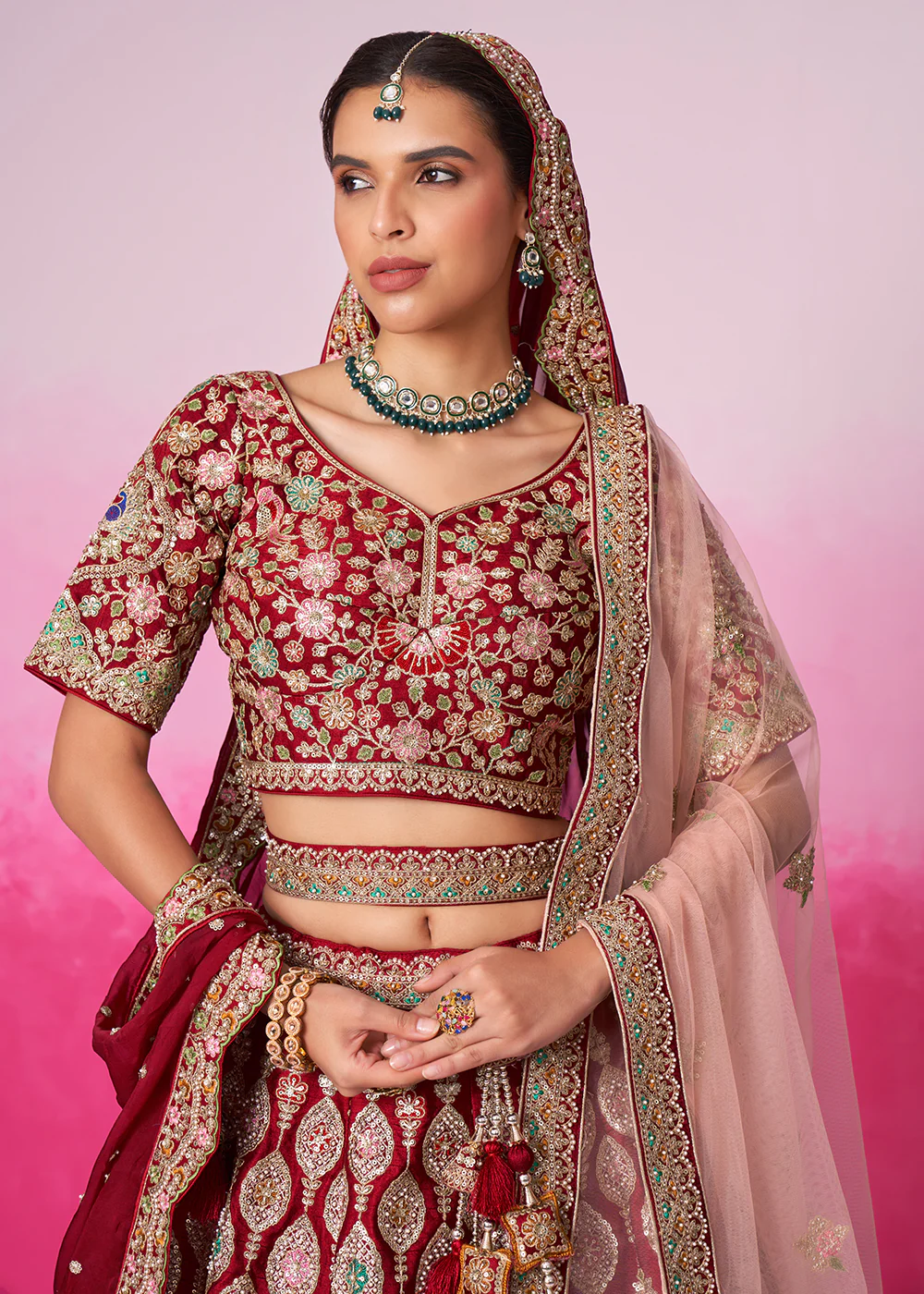 Pure Silk Embroidered Red Designer Bridal Lehenga Choli - Image 2