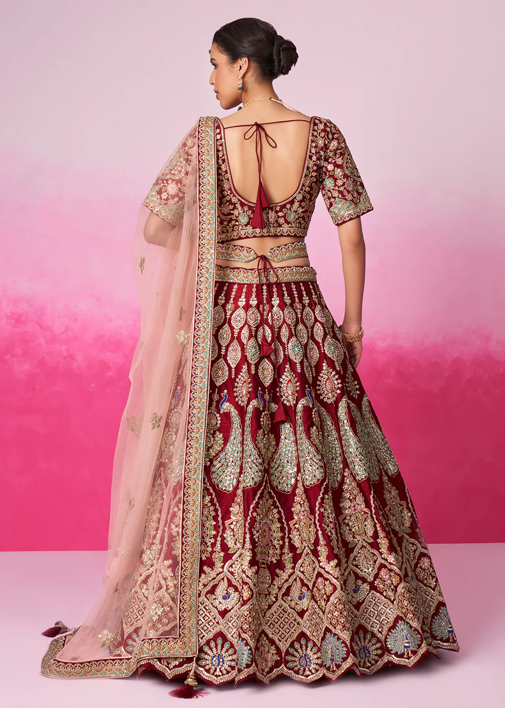 Pure Silk Embroidered Red Designer Bridal Lehenga Choli - Image 3