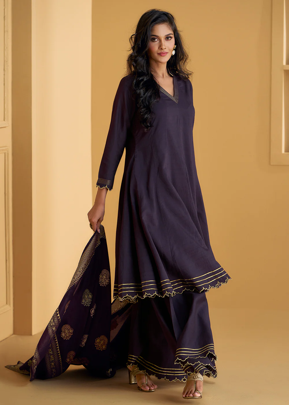 Pure Silk Purple Embroidered Anarkali Style Sharara Suit - Image 3