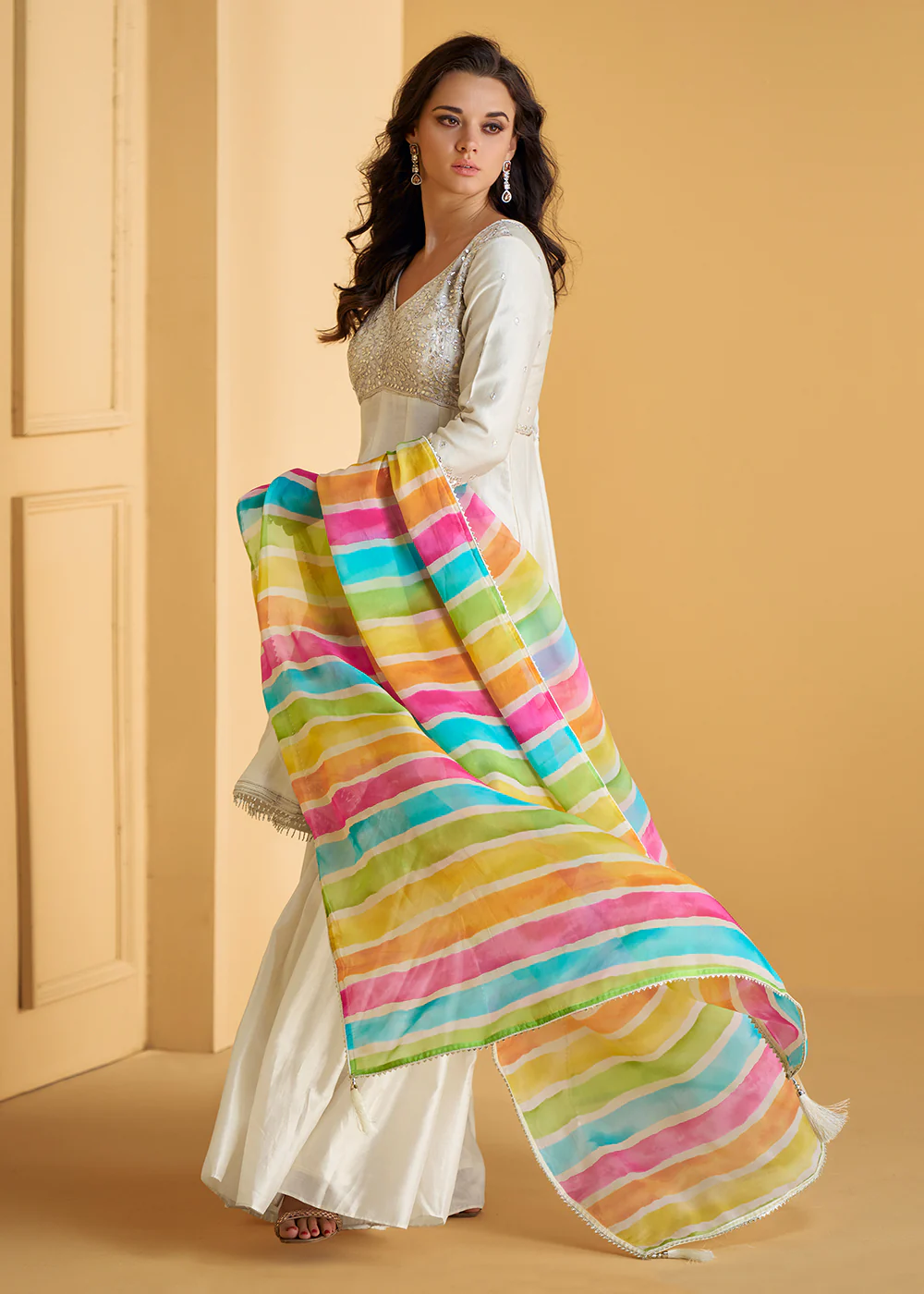 Pure Silk White Embroidered Anarkali Style Gharara Suit - Image 3
