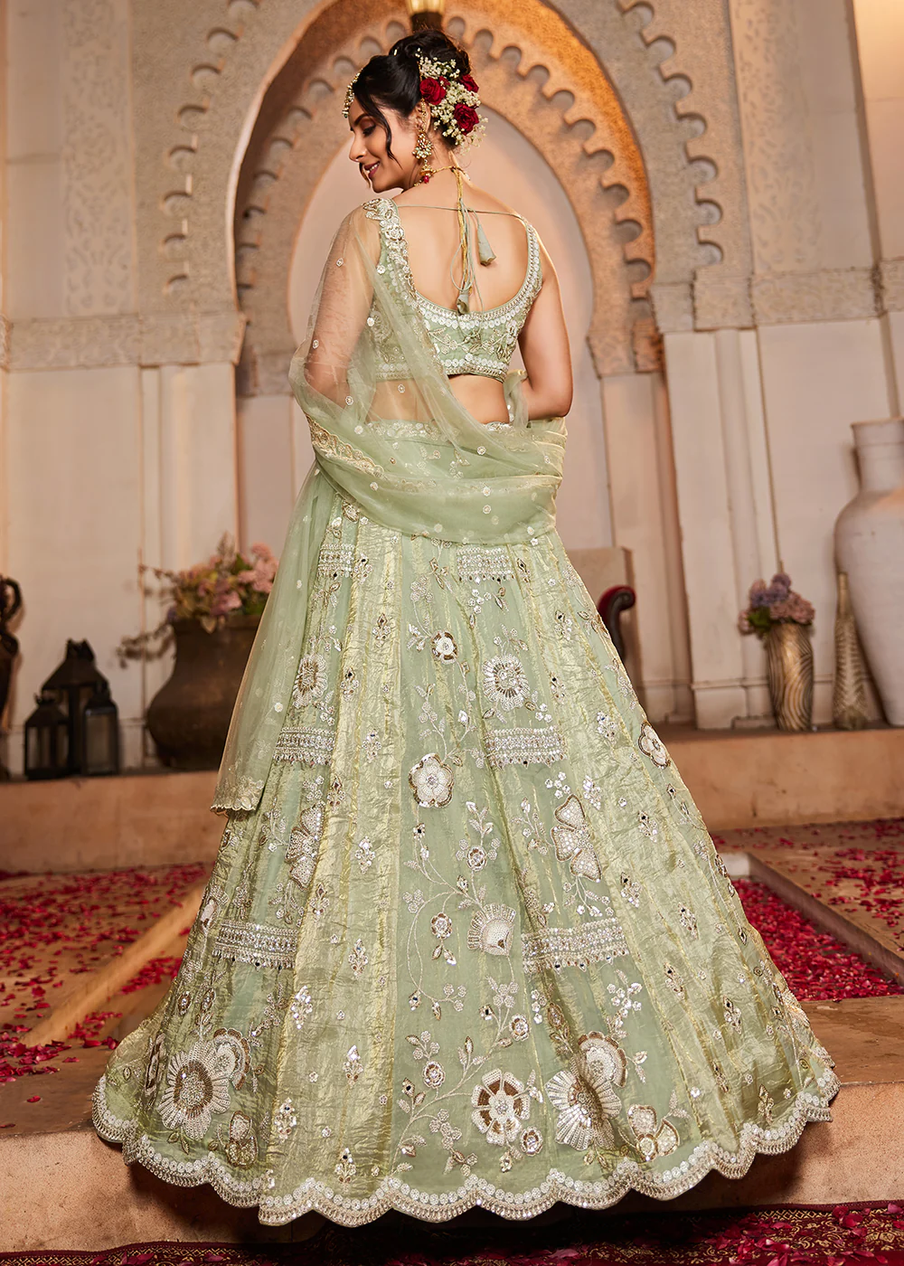 Pure Tissue Fabric Lime Green Designer Lehenga Choli - Image 3