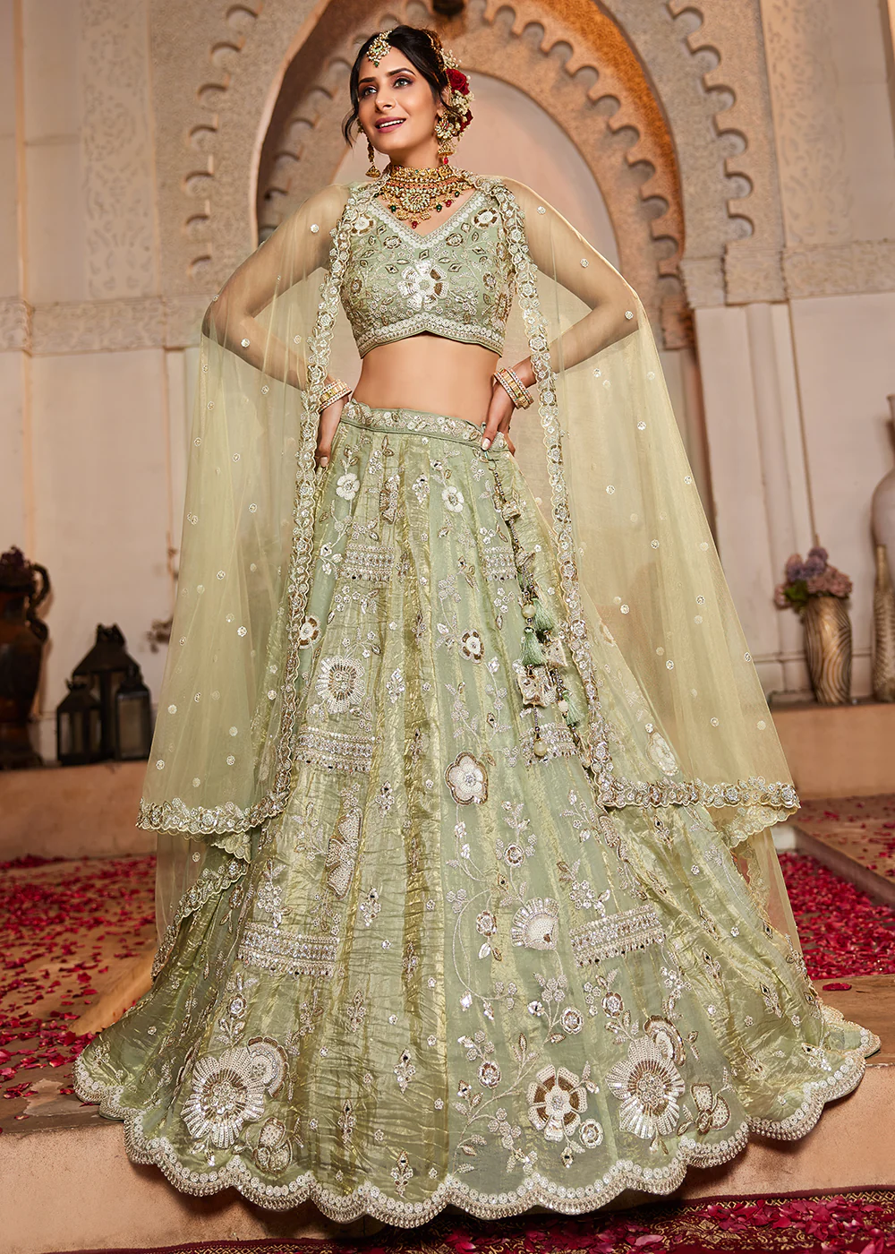 Pure Tissue Fabric Lime Green Designer Lehenga Choli - Image 4