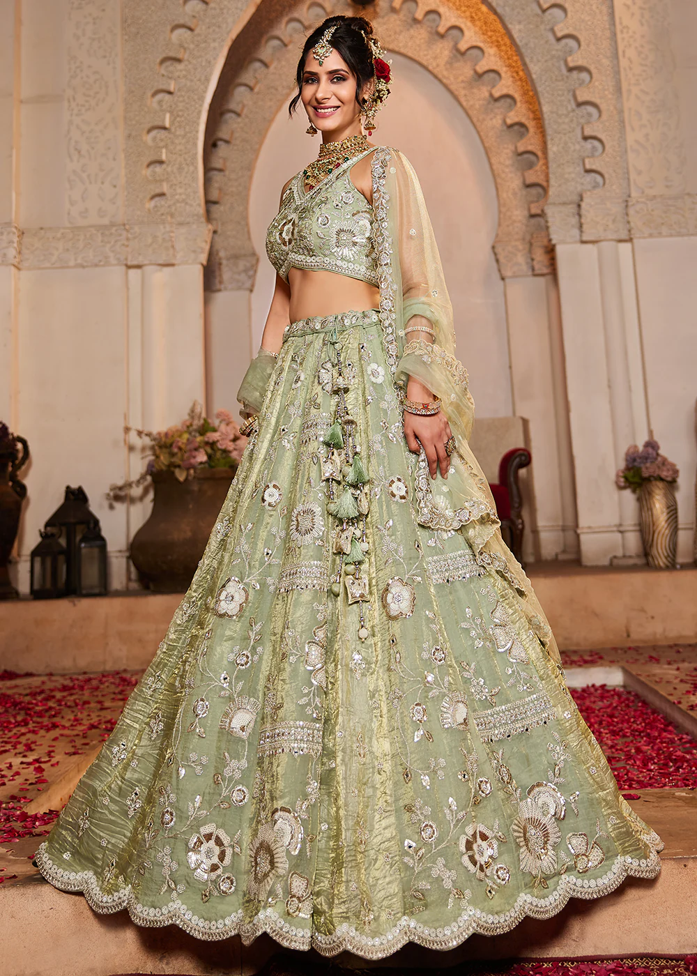 Pure Tissue Fabric Lime Green Designer Lehenga Choli - Image 5