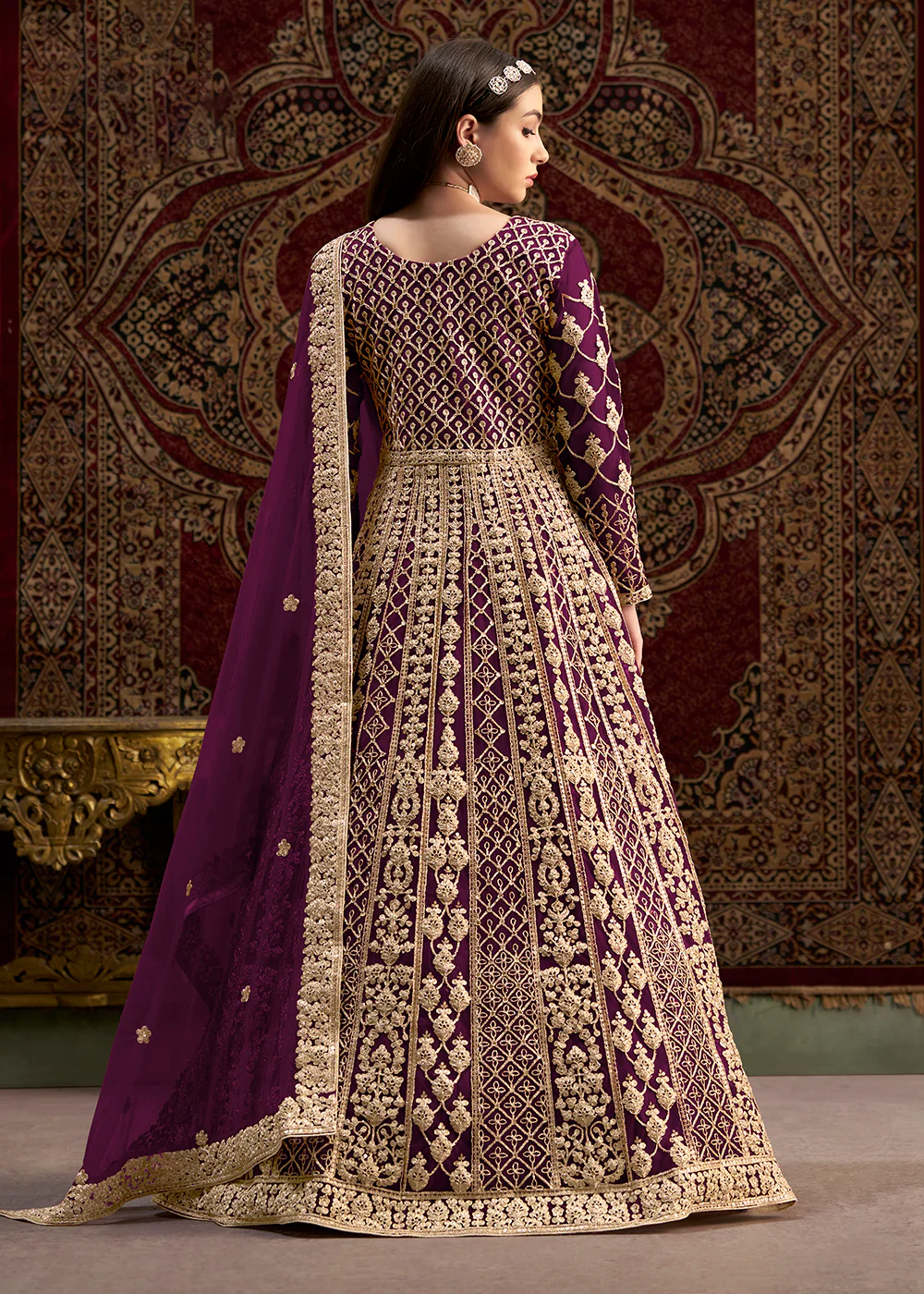 Purple All Over Embroidered Net Wedding Anarkali Gown - Image 3