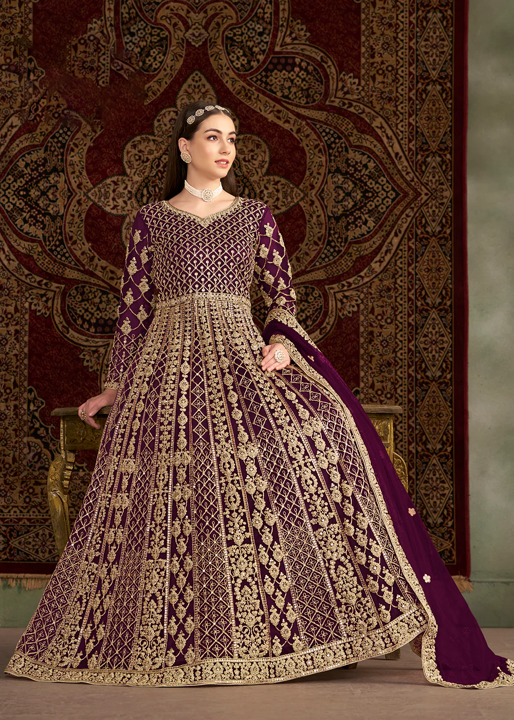 Purple All Over Embroidered Net Wedding Anarkali Gown - Image 4