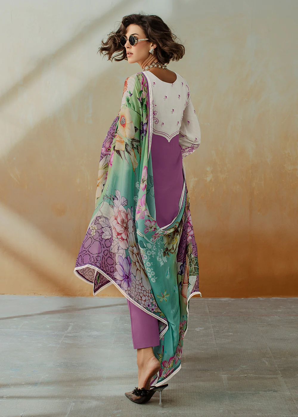Purple Applique Embroidered Muslin Pant Style Salwar Suit - Image 2