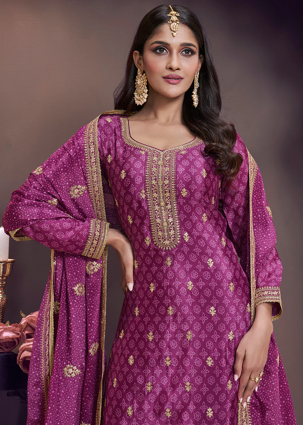 Purple Bandhani Printed Chinnon Palazzo Style Suit - Image 2