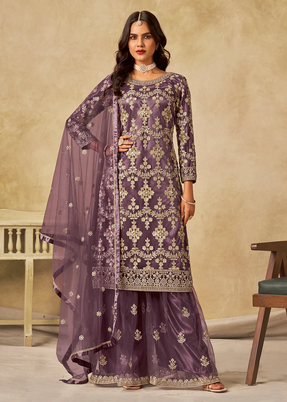 Purple Beautifully Embroidered Net Wedding Palazzo Suit