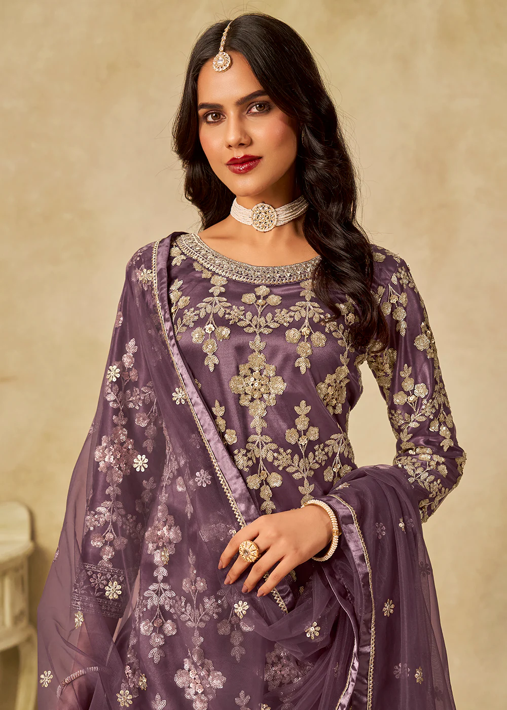 Purple Beautifully Embroidered Net Wedding Palazzo Suit - Image 2