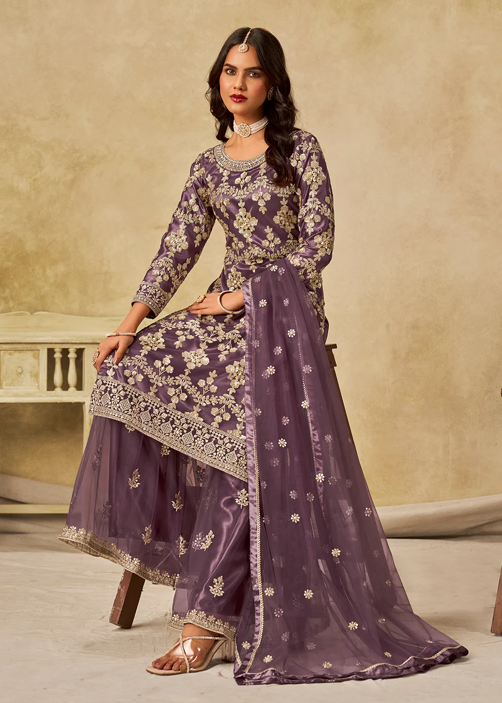 Purple Beautifully Embroidered Net Wedding Palazzo Suit - Image 4