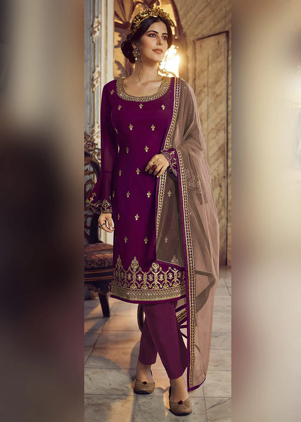 Purple & Beige Lehenga/Pant Style Trendy Suit - Image 3