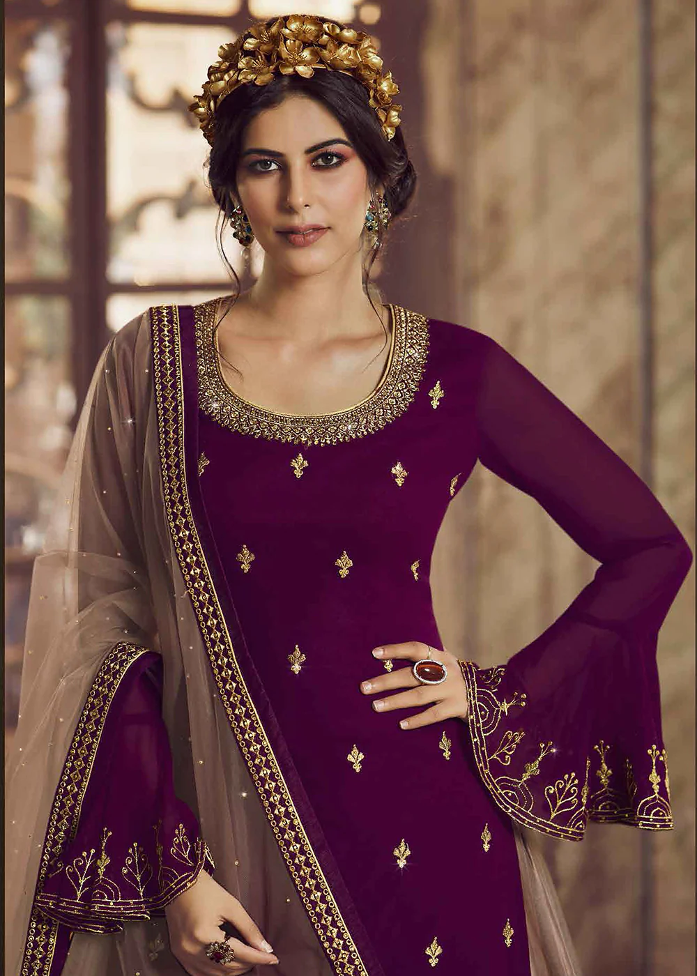 Purple & Beige Lehenga/Pant Style Trendy Suit - Image 4