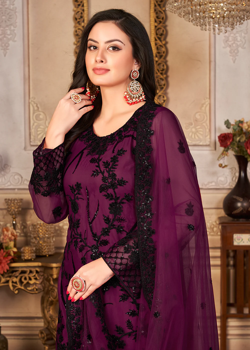 Purple & Black Cording & Sequins Embroidered Pant Style Suit - Image 2
