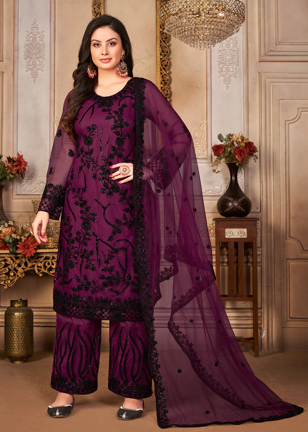 Purple & Black Cording & Sequins Embroidered Pant Style Suit - Image 3
