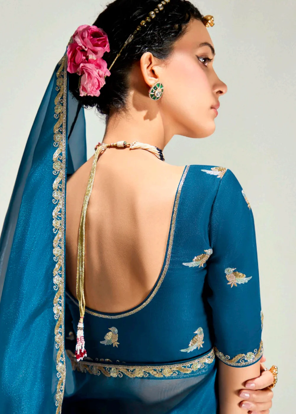 Purple & Blue Organza Tissue Designer Party Wear Saree - Image 3