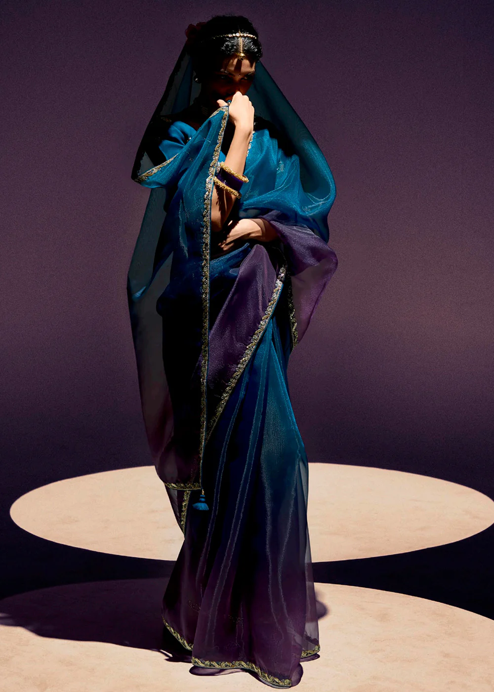 Purple & Blue Organza Tissue Designer Party Wear Saree - Image 4