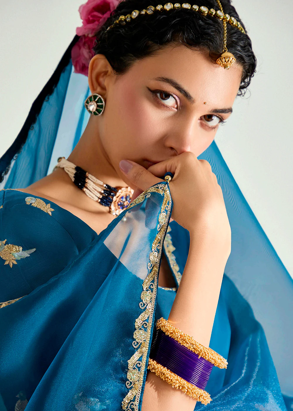Purple & Blue Organza Tissue Designer Party Wear Saree - Image 5