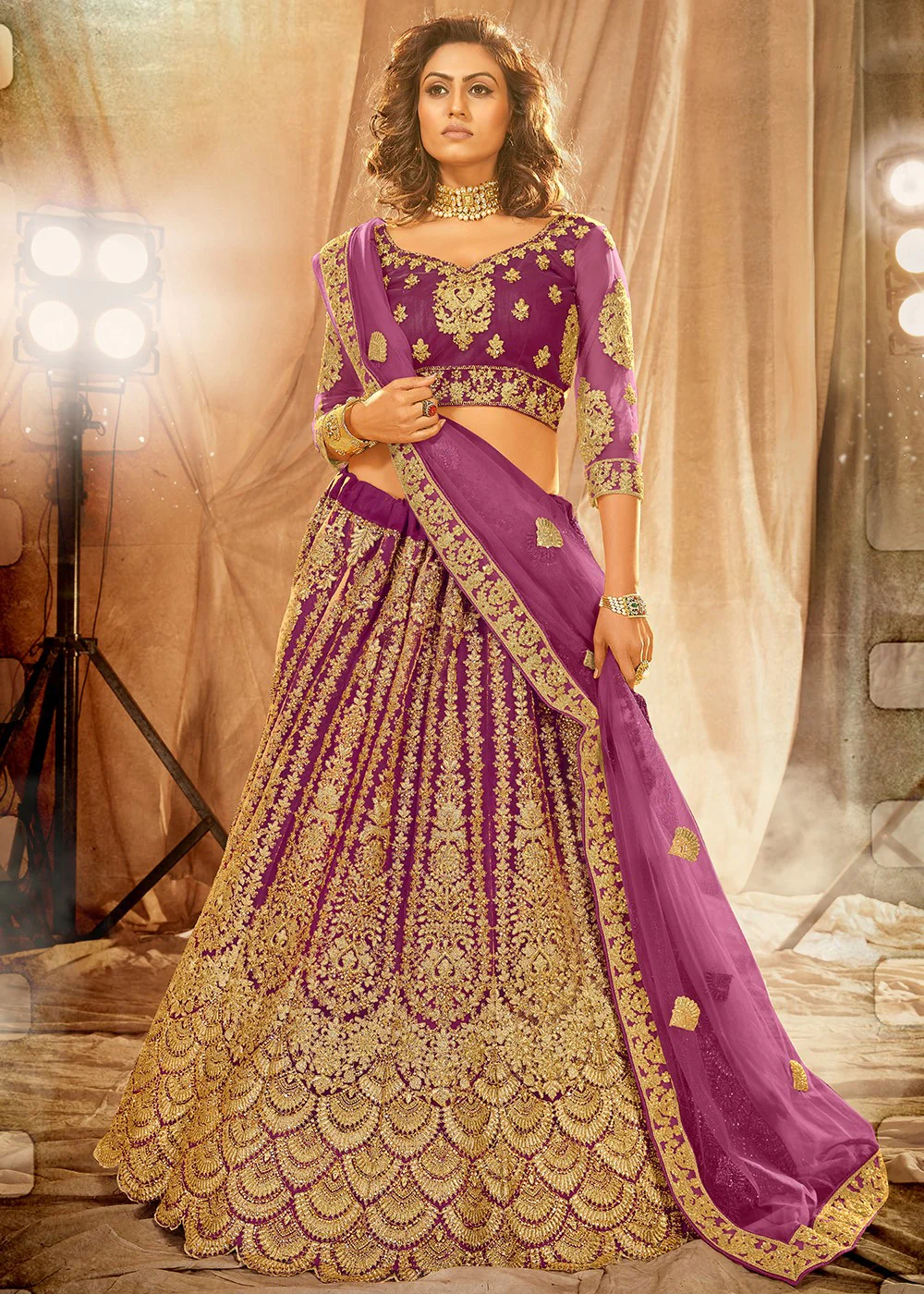 Purple Bridal Embroidered Net Lehenga Choli