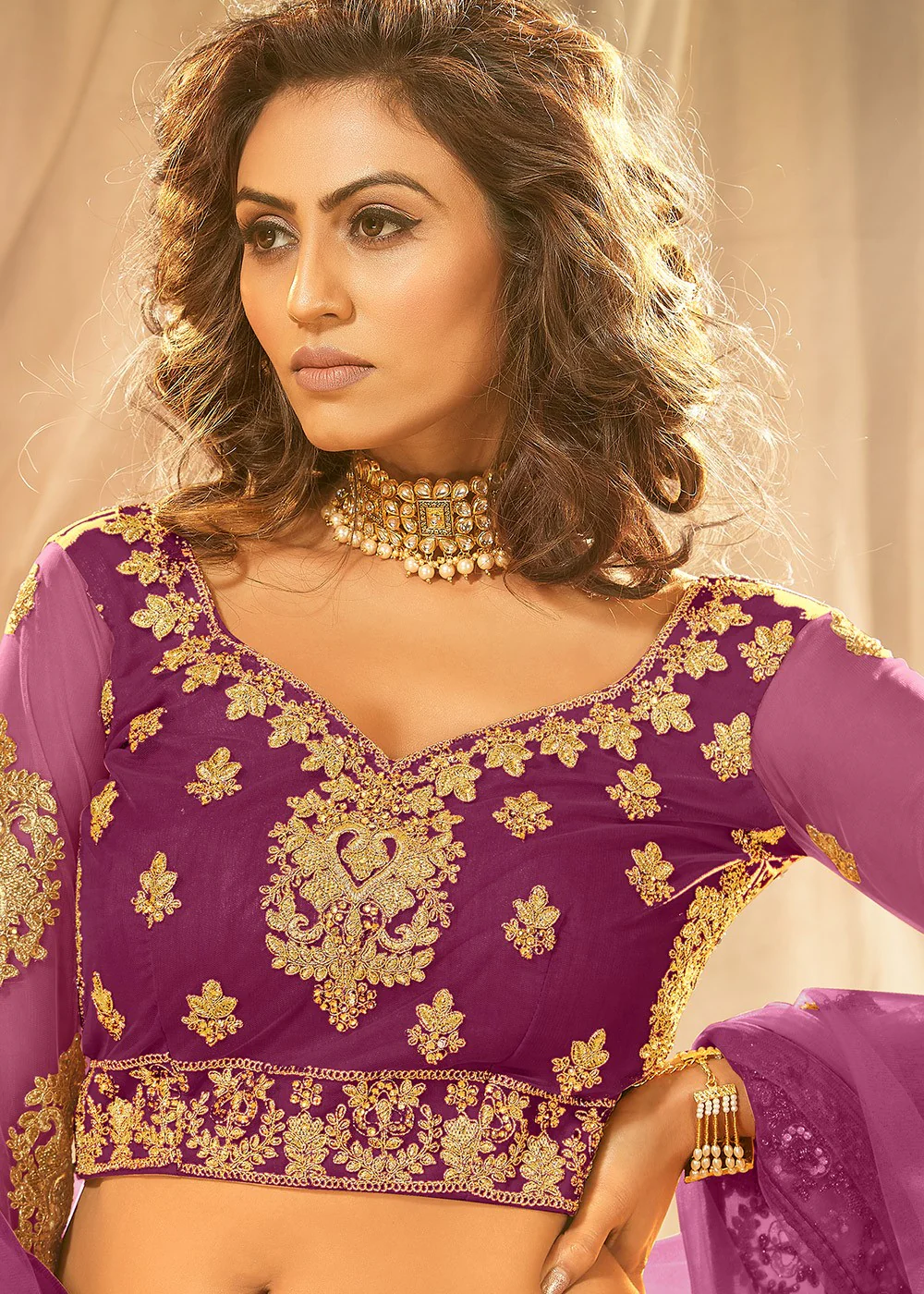 Purple Bridal Embroidered Net Lehenga Choli - Image 2