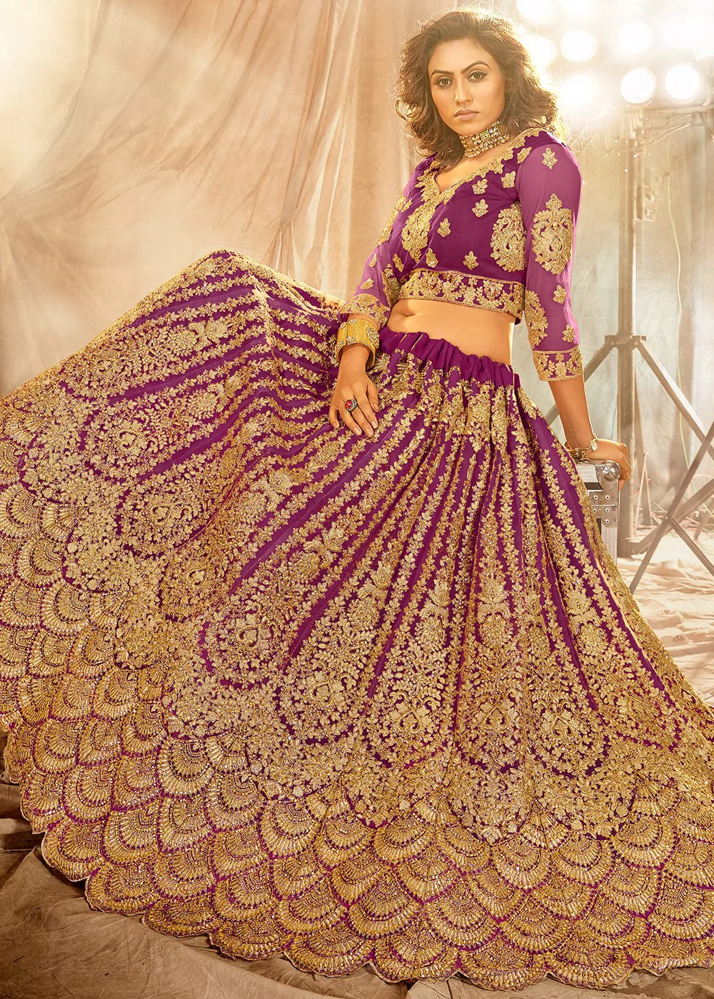 Purple Bridal Embroidered Net Lehenga Choli - Image 4
