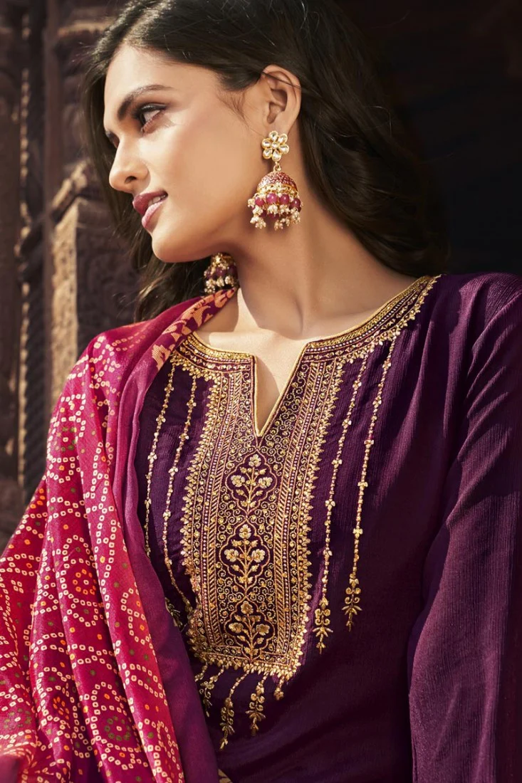 Purple Chiffon Embroidered Festive Palazzo Suit - Image 2
