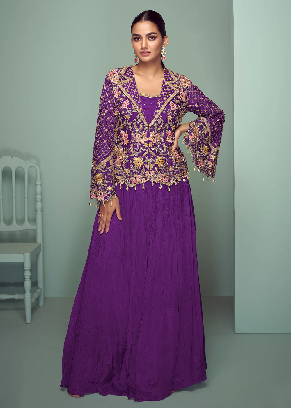 Purple Chinnon Embroidered Lehenga Skirt Style Suit