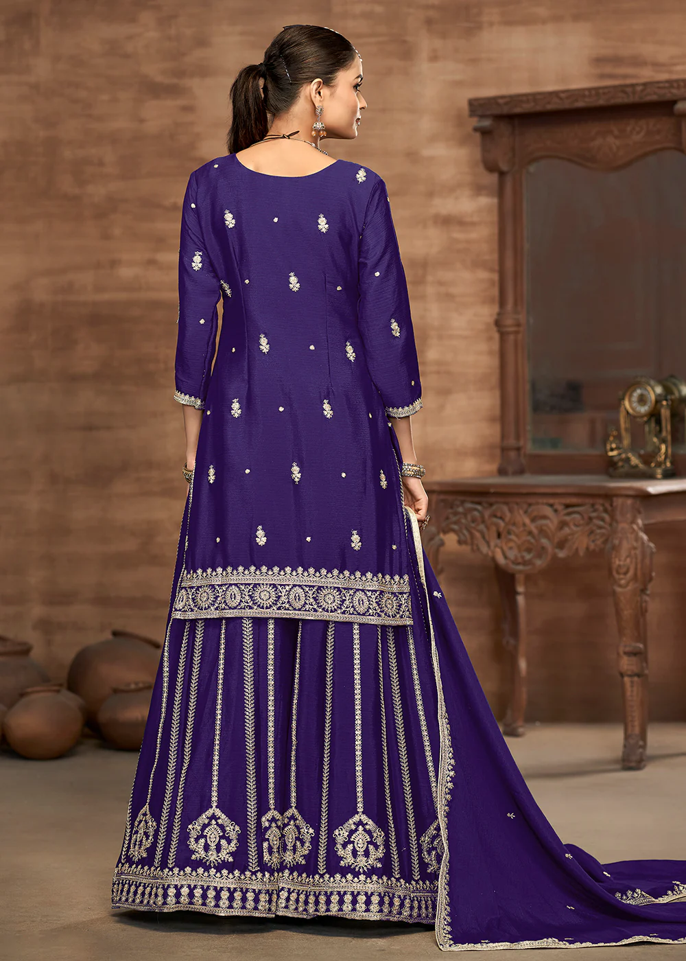 Purple Chinnon Embroidered Wedding Festive Palazzo Suit - Image 3